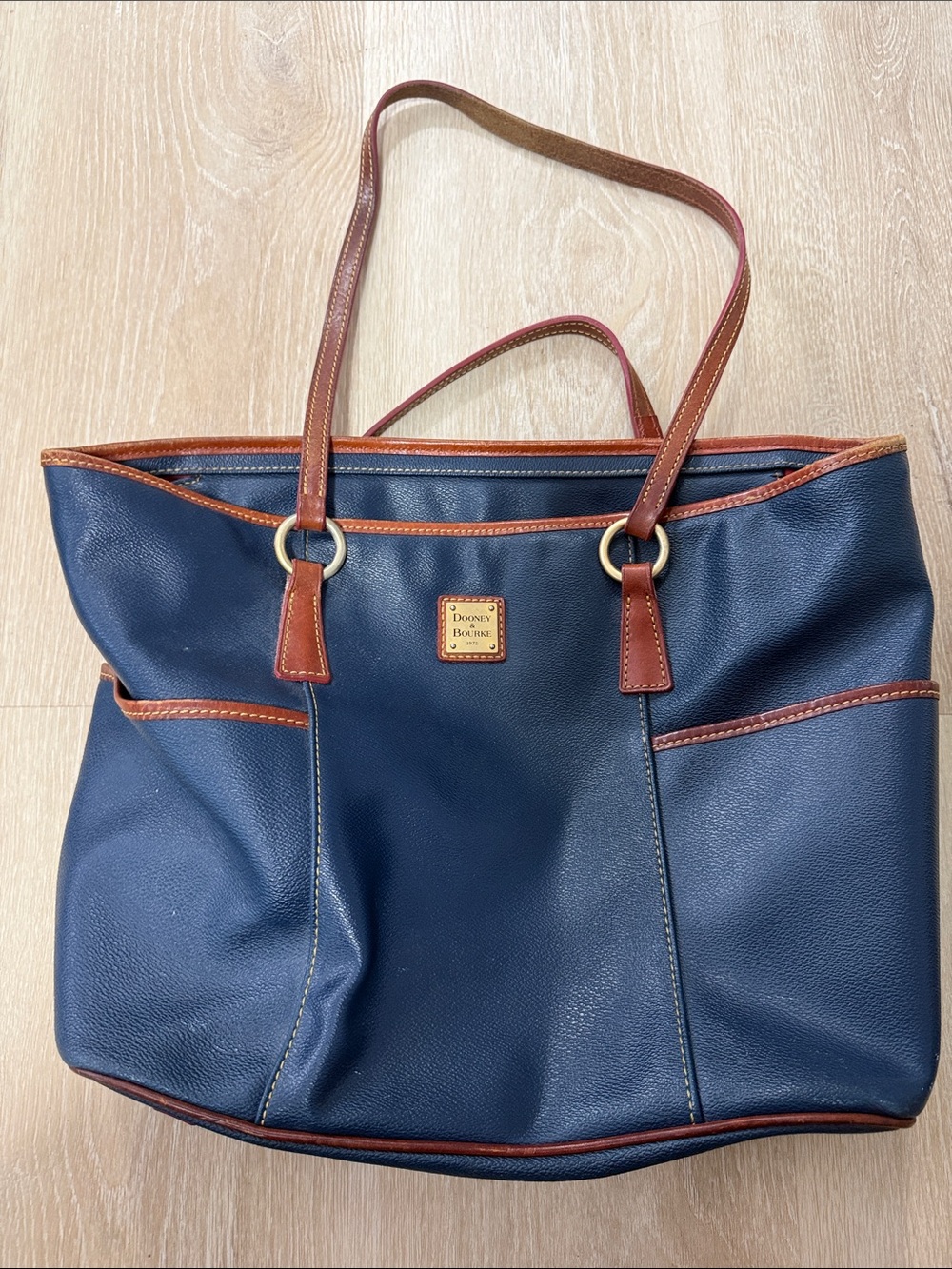 Dooney & Bourke Navy Tote with Brown Leather Trim